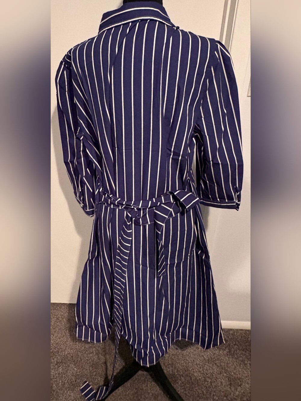 Ebossy Navy and White Striped Button-Up Dress With Cloth Belt - Picture 2 of 4